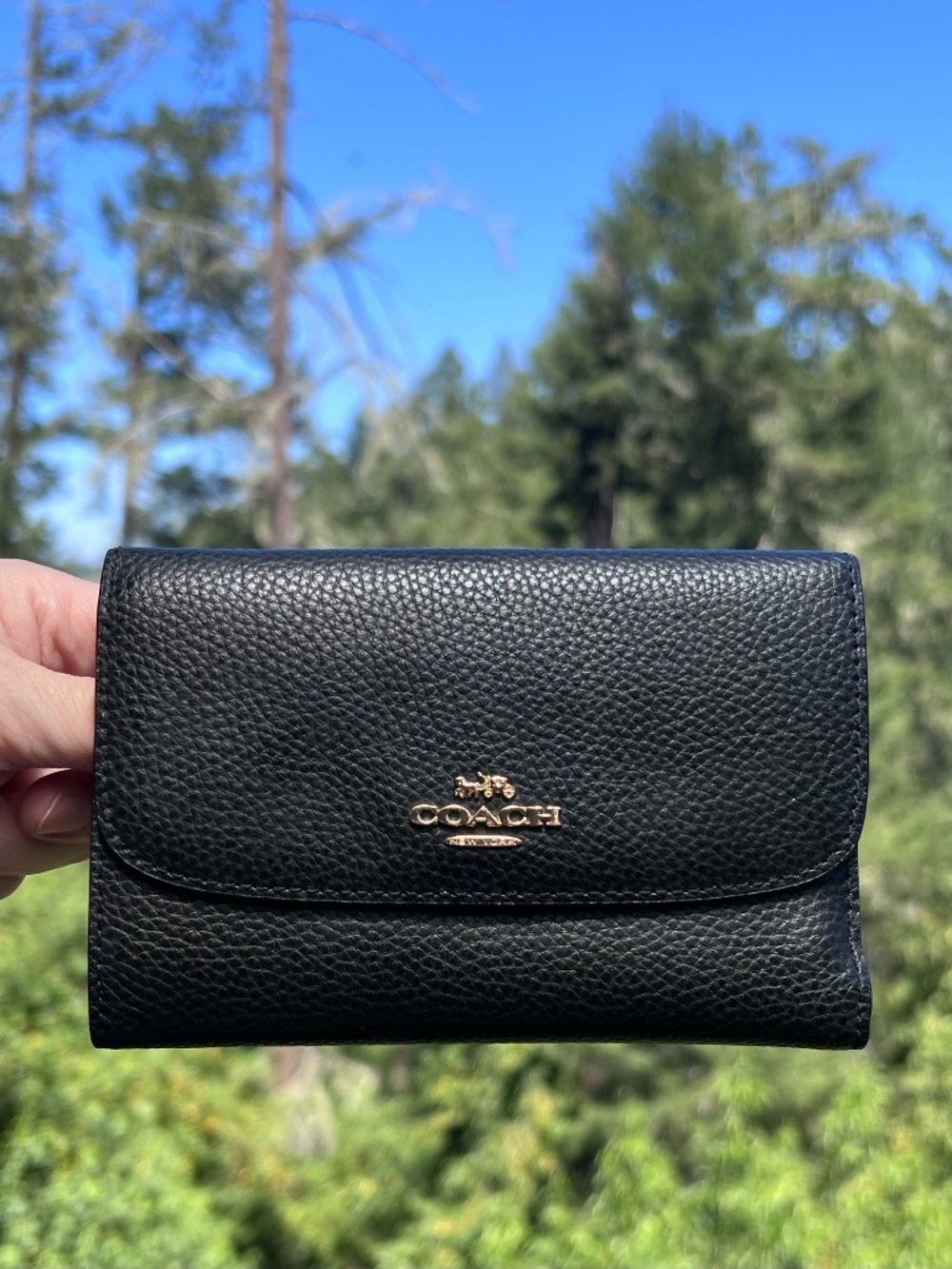 COACH Medium Black Pebbled Leather Trifold Wallet Gold Hardware AUTHENTIC